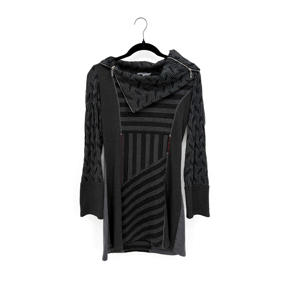 Dzhavael Couture Tunic Sweater Women Lg Gray Patchwork Asymmetric Zip Cowl Neck
